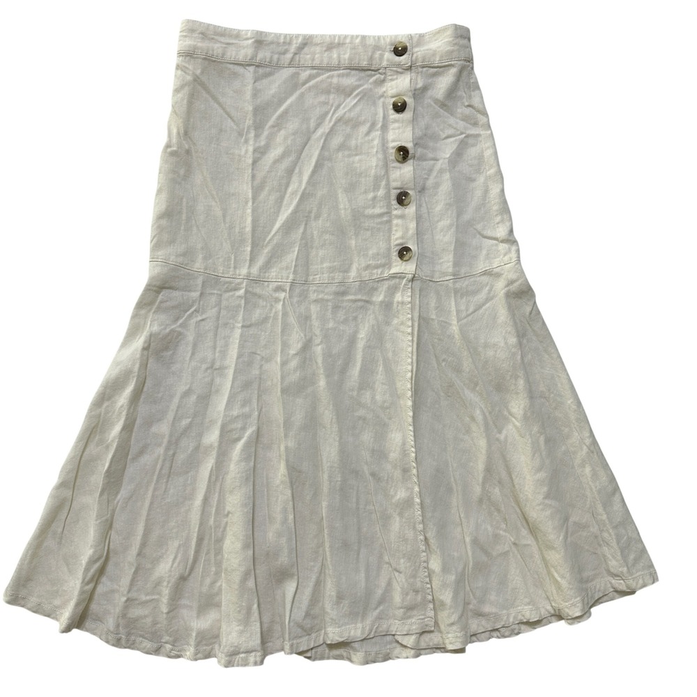 Free People Linen Midi Skirt 6 Ivory Button Boho Coastal Cowgirl Cottagecore - Picture 3 of 11